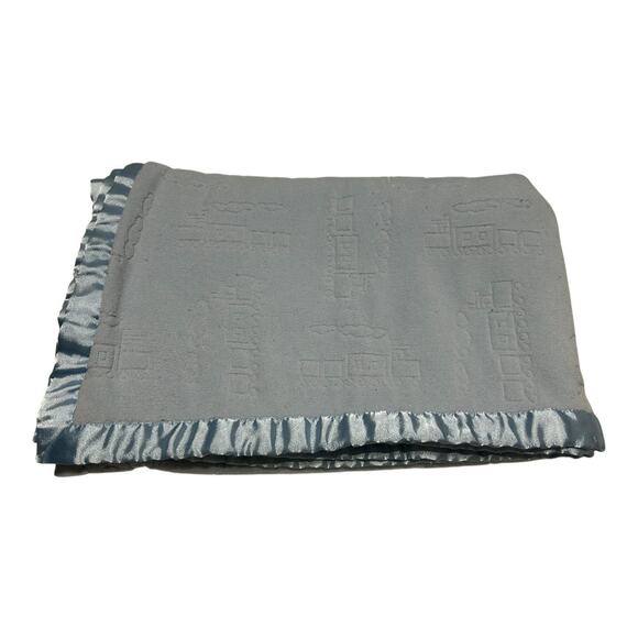 Vintage Carter’s Blue Choo Choo Train Baby Blanket Satin Edge Trim Embossed - Picture 1 of 7